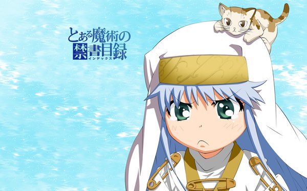 Anime picture 1920x1200 with to aru majutsu no index j.c. staff index sphinx (index) single long hair highres wide image green eyes blue hair copyright name animal on head cat on head girl animal cat safety pin