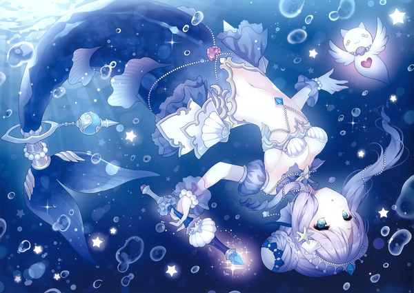 Anime picture 2630x1865 with original mahou shoujo grimoire (artbook) wasabi (sekai) single long hair looking at viewer highres breasts blue eyes light erotic silver hair midriff underwater girl navel hair ornament star (symbol) bubble (bubbles) mermaid