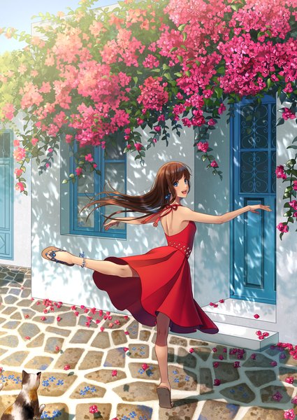 Anime picture 1416x2000 with original anko kinako single long hair tall image looking at viewer fringe open mouth blue eyes smile brown hair full body outdoors nail polish :d sunlight spread arms dancing girl dress