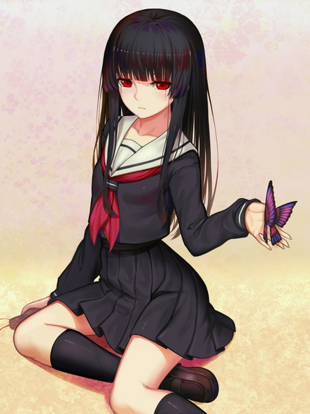 Anime-Bild 2500x3333 mit hell girl studio deen enma ai sonikey0 0 single long hair tall image looking at viewer fringe highres black hair red eyes sitting bent knee (knees) blunt bangs pleated skirt outstretched arm yokozuwari butterfly on hand hime cut