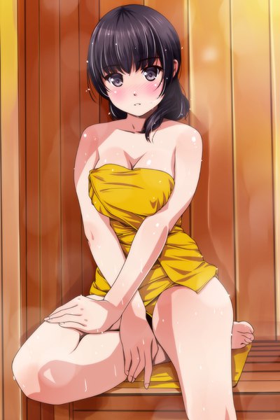 Anime picture 800x1200 with original matsunaga kouyou single long hair tall image looking at viewer blush light erotic black hair black eyes naked towel girl towel