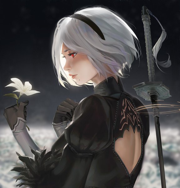 Anime picture 1959x2048 with nier nier:automata yorha no. 2 type b rayxray single tall image fringe highres short hair red eyes holding looking away upper body white hair profile lips blurry mole depth of field puffy sleeves