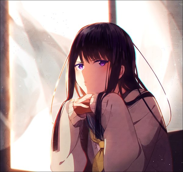 Anime picture 950x893 with original hakusai (tiahszld) single long hair looking at viewer black hair purple eyes chin rest girl uniform serafuku sweater