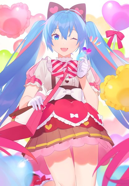 Anime picture 800x1151 with vocaloid hatsune miku heiwa (murasiho) single long hair tall image looking at viewer fringe open mouth blue eyes hair between eyes twintails signed blue hair one eye closed wink girl gloves white gloves heart