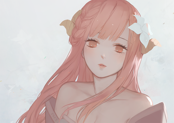 Anime picture 1125x800 with original yueko (jiayue wu) single long hair blush simple background bare shoulders pink hair cleavage upper body pink eyes hair flower horn (horns) lipstick pink lipstick girl flower (flowers)
