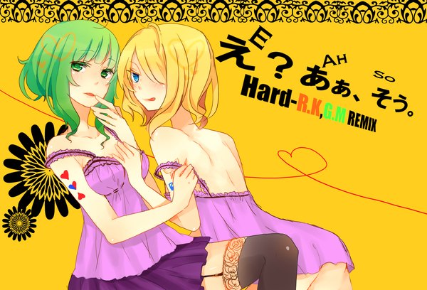 Anime picture 1838x1252 with vocaloid kagamine rin gumi kawara (artist) fringe highres short hair blue eyes light erotic blonde hair multiple girls green eyes cleavage green hair hair over one eye inscription back yellow background girl thighhighs