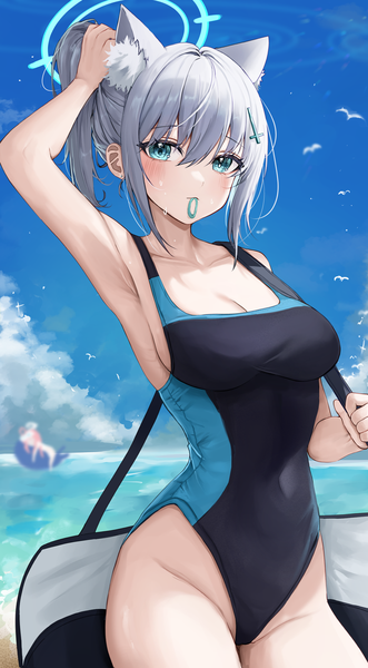Anime picture 3000x5432 with blue archive shiroko (blue archive) shiroko (swimsuit) (blue archive) miruku pan single tall image looking at viewer blush fringe highres short hair breasts light erotic hair between eyes large breasts standing holding animal ears sky cleavage