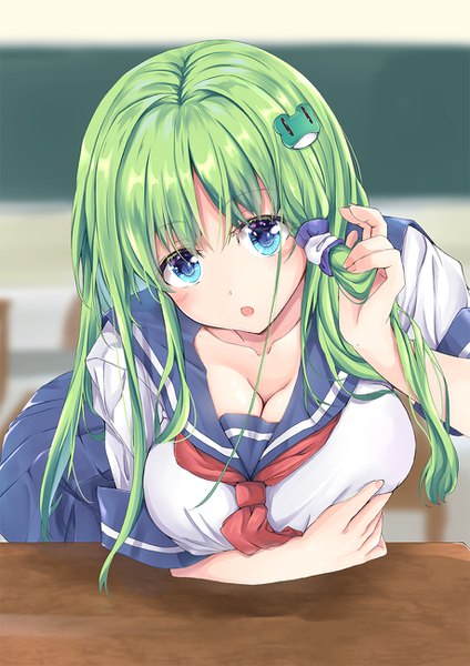 Anime picture 918x1300 with touhou kochiya sanae fule single long hair tall image breasts open mouth blue eyes light erotic large breasts cleavage green hair :o leaning alternate costume leaning forward adjusting hair breast grab classroom