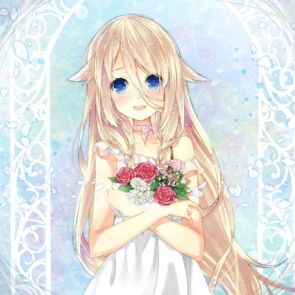 Anime picture 1191x1191 with vocaloid ia (vocaloid) tika (mika4975) single long hair looking at viewer blush open mouth blue eyes blonde hair bare shoulders braid (braids) twin braids girl dress flower (flowers) petals white dress bouquet
