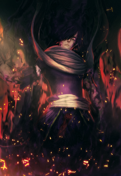 Anime picture 1024x1492 with fairy tail rogue cheney tagme (artist) single tall image fringe short hair black hair red eyes standing wind hair over one eye looking down smoke boy scarf fire flame