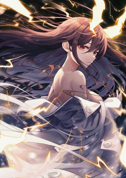 Anime picture 1500x2117 with original myung yi single long hair tall image looking at viewer fringe breasts light erotic black hair hair between eyes red eyes parted lips off shoulder floating hair turning head electricity girl coat