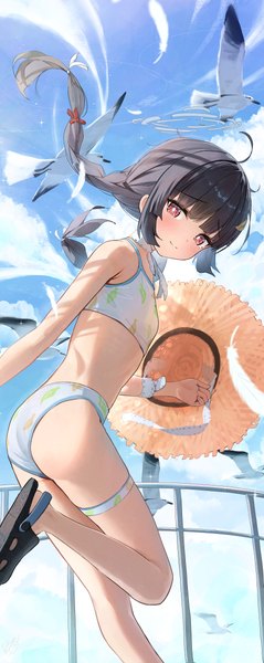 Anime picture 1941x4875 with blue archive miyu (blue archive) miyu (swimsuit) (blue archive) hidulume single long hair tall image highres light erotic black hair red eyes sky ahoge braid (braids) twin braids official alternate costume hat removed headwear removed girl swimsuit