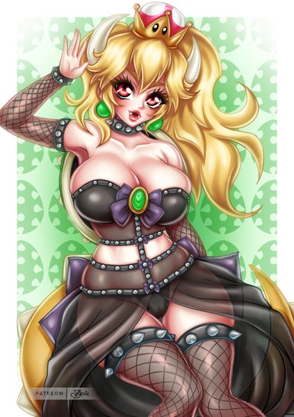 Anime picture 720x1020 with super mario bros. new super mario bros. u deluxe bowsette sevie single long hair tall image looking at viewer blush fringe breasts light erotic simple background blonde hair hair between eyes red eyes standing bare shoulders signed cleavage