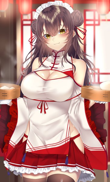 Anime picture 1000x1650 with original onineko-chan single long hair tall image looking at viewer blush fringe breasts light erotic smile hair between eyes brown hair large breasts standing bare shoulders holding yellow eyes cleavage indoors