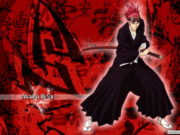 Anime picture 1600x1200 with bleach studio pierrot abarai renji single long hair looking at viewer red hair character names red background fighting stance boy weapon sword tagme