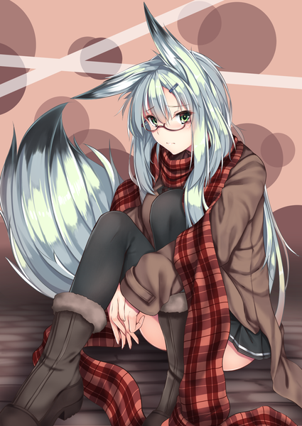 Anime picture 1254x1771 with original karakura0 single long hair tall image looking at viewer sitting green eyes animal ears white hair tail animal tail girl thighhighs black thighhighs glasses boots scarf