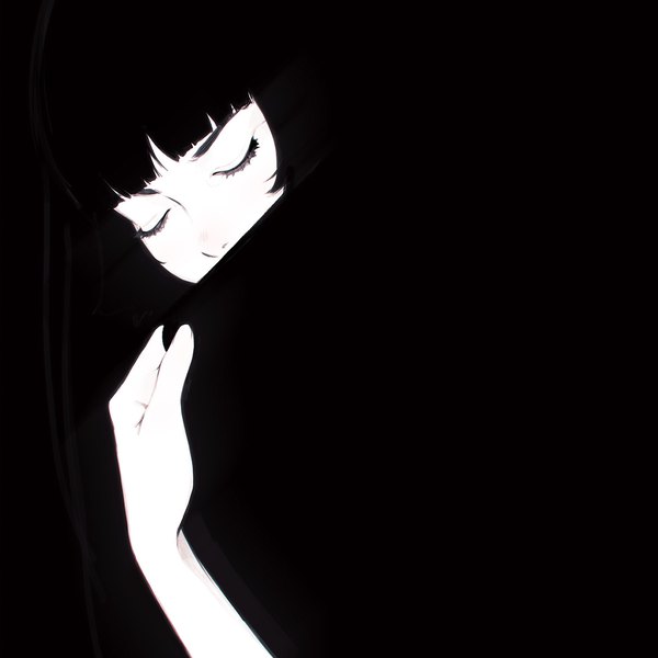 Anime picture 1080x1080 with original ilya kuvshinov single fringe short hair blunt bangs eyes closed head tilt black background monochrome covered mouth blending girl