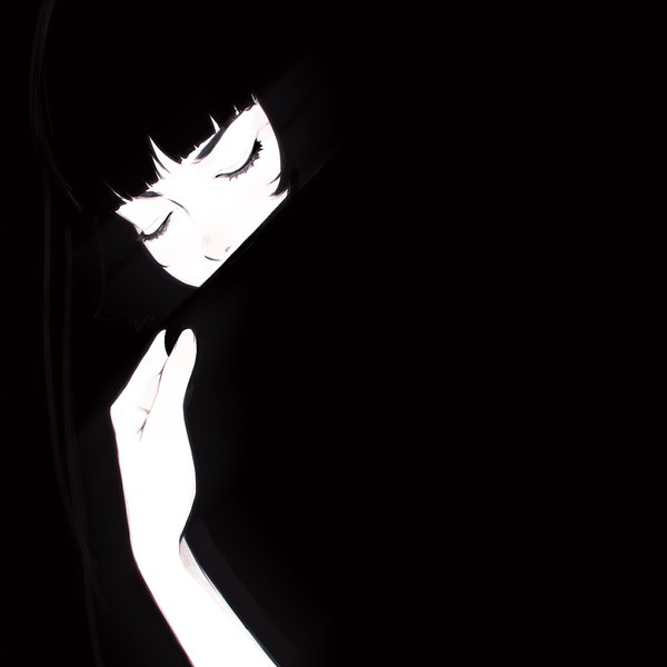 Anime-Bild 1080x1080 mit original ilya kuvshinov single fringe short hair blunt bangs eyes closed head tilt black background monochrome covered mouth blending girl