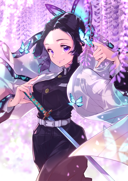 Anime picture 2508x3541 with kimetsu no yaiba ufotable kochou shinobu risumi (taka-fallcherryblossom) single tall image looking at viewer highres short hair black hair smile purple eyes traditional clothes japanese clothes butterfly on hand girl uniform hair ornament flower (flowers) weapon