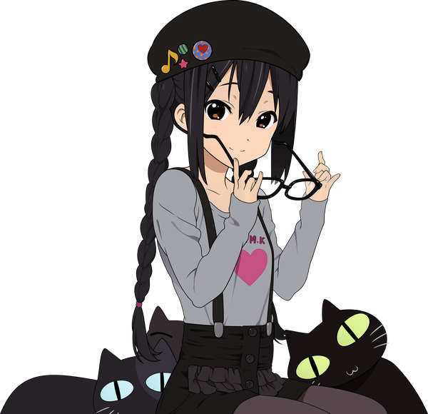Anime picture 9821x9501 with k-on! kyoto animation nakano azusa chuunie single long hair looking at viewer fringe highres black hair smile hair between eyes twintails brown eyes absurdres braid (braids) long sleeves twin braids alternate hairstyle transparent background
