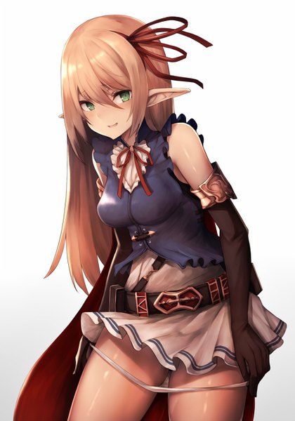 Anime picture 900x1284 with shadowverse arisa (shadowverse) snm (sunimi) single long hair tall image looking at viewer blush fringe light erotic simple background blonde hair hair between eyes white background green eyes pointy ears embarrassed panty pull girl gloves