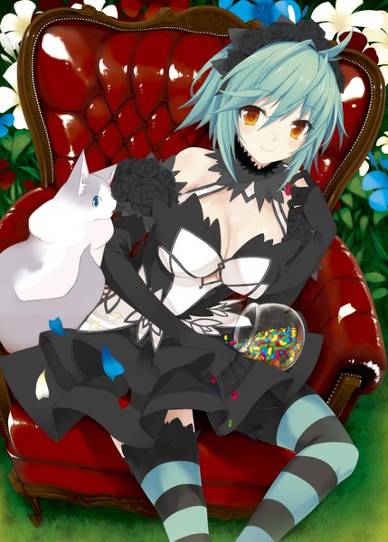 Anime picture 1481x2071 with original kusano houki tall image short hair hair flower green hair orange eyes girl thighhighs dress hair ornament animal black dress cat striped thighhighs candy armchair