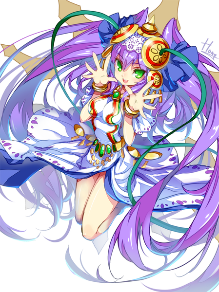 Anime picture 674x900 with puzzle & dragons lakshmi (p&d) hong (white spider) single tall image looking at viewer blush fringe breasts open mouth simple background smile white background green eyes purple hair bent knee (knees) very long hair legs girl bracelet