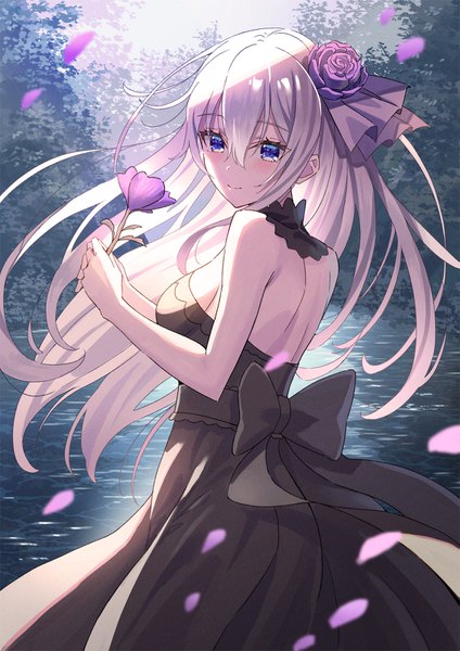 Anime picture 1131x1600 with original koh rd single long hair tall image looking at viewer blush fringe breasts blue eyes smile hair between eyes standing bare shoulders holding silver hair outdoors hair flower blurry turning head
