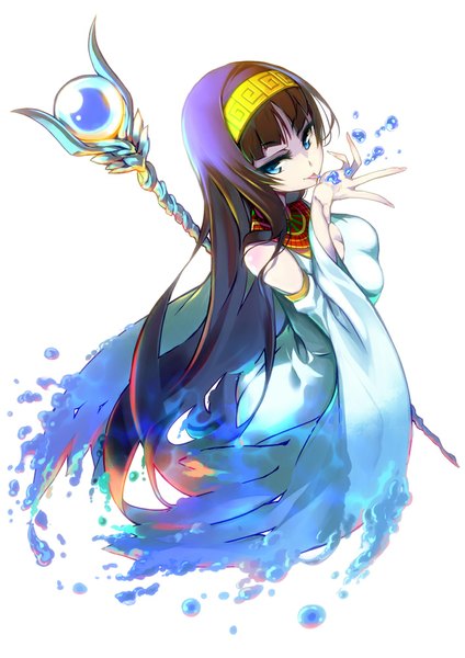 Anime picture 707x1000 with puzzle & dragons isis (p&d) hong (white spider) single long hair tall image fringe blue eyes simple background brown hair white background light smile girl detached sleeves tongue staff clothes