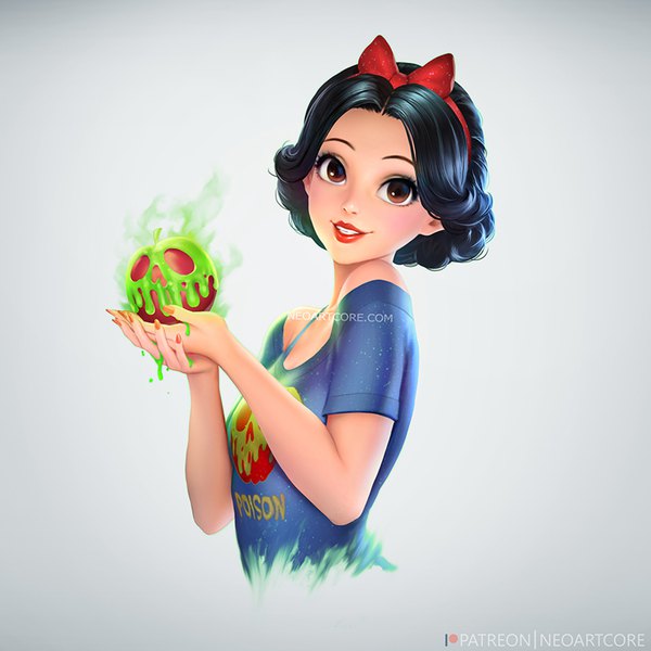 Anime picture 800x800 with snow white and the seven dwarfs snow white nudtawut thongmai single looking at viewer blush short hair black hair simple background holding brown eyes signed upper body parted lips grey background alternate costume lipstick gradient background red lipstick clothes writing