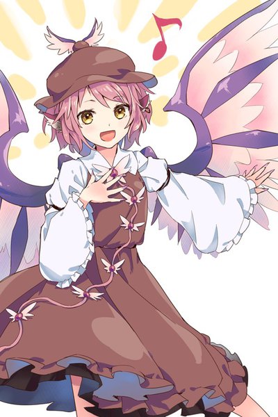 Anime picture 600x900 with touhou mystia lorelei akidzuki haruhi single tall image short hair open mouth animal ears yellow eyes looking away pink hair wide sleeves outstretched arm hand on chest girl dress hat wings single earring musical note