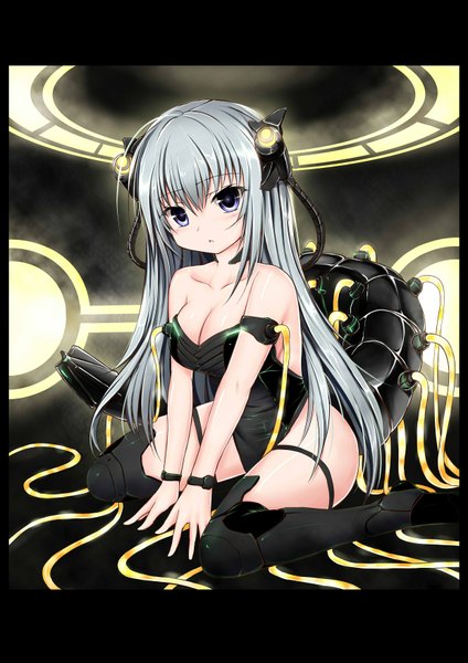 Anime picture 1240x1754 with zheyi parker single long hair tall image blush light erotic sitting purple eyes bare shoulders silver hair tail mechanical girl