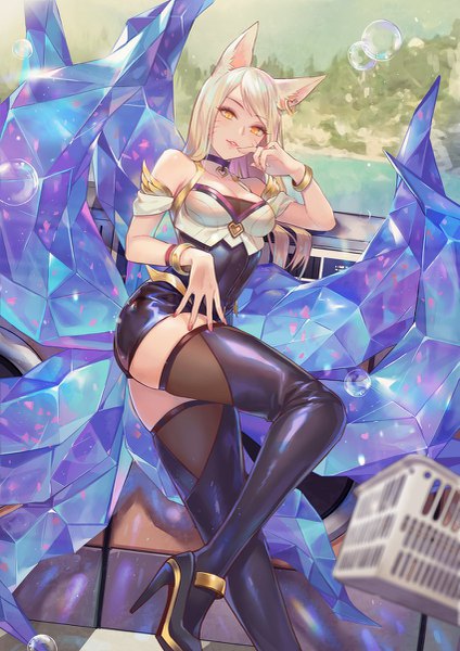 Anime picture 849x1200 with league of legends k/da (league of legends) ahri (league of legends) k/da ahri lino chang single long hair tall image looking at viewer light erotic blonde hair animal ears yellow eyes tail nail polish animal tail high heels zettai ryouiki fox ears facial mark