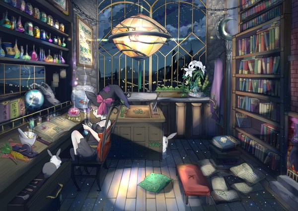 Anime picture 2374x1678 with original remosse512 single highres short hair black hair sitting bare shoulders holding green eyes cloud (clouds) bent knee (knees) indoors profile horn (horns) night sparkle shadow no shoes night sky