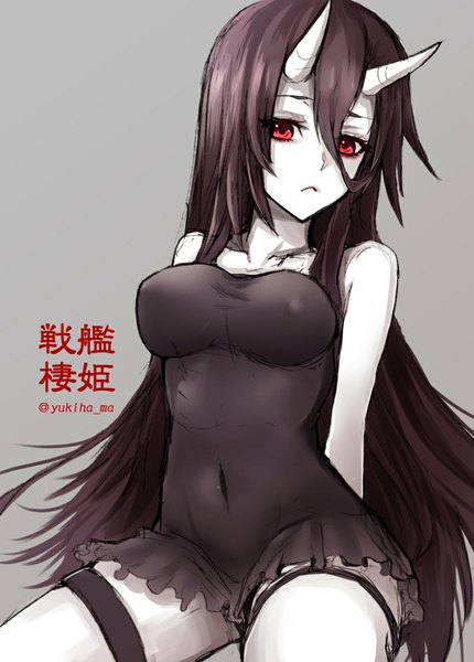 Anime picture 821x1145 with kantai collection battleship-symbiotic hime yukihama single long hair tall image looking at viewer fringe breasts light erotic simple background hair between eyes red eyes large breasts sitting signed horn (horns) inscription grey background no bra