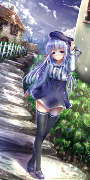 Anime picture 1000x2000 with gochuumon wa usagi desu ka? white fox kafuu chino fii fii (feefeeowo) single long hair tall image looking at viewer blush blue eyes blue hair sky cloud (clouds) zettai ryouiki girl thighhighs dress black thighhighs beret