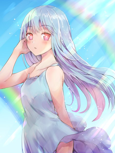 Anime picture 768x1024 with tensei shitara slime datta ken 8bit rimuru tempest aisu (icicleshot) single long hair tall image looking at viewer fringe open mouth red eyes standing bare shoulders silver hair arm up wind sunlight :o sleeveless sunbeam