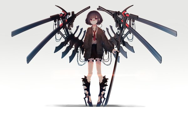 Anime picture 3810x2323 with original adukikumanoi single looking at viewer highres short hair black hair red eyes wide image standing white background absurdres full body hand in pocket sheathed mecha musume girl skirt weapon sword