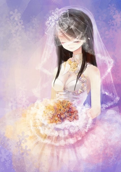 Anime picture 1240x1754 with original aster leo single long hair tall image black hair eyes closed light smile sleeveless purple background girl dress hair ornament flower (flowers) white dress rose (roses) cross bouquet lace wedding dress