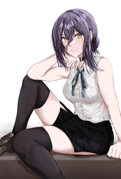 Anime picture 2500x3700 with chainsaw man mappa reze (chainsaw man) kuroe rei single long hair tall image looking at viewer fringe highres simple background smile hair between eyes white background sitting green eyes purple hair sleeveless side slit girl