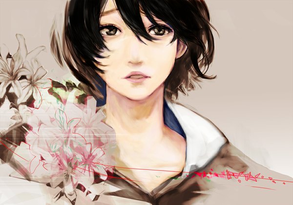 Anime picture 1000x700 with original wyx2 single looking at viewer short hair open mouth simple background brown hair brown eyes face girl flower (flowers)