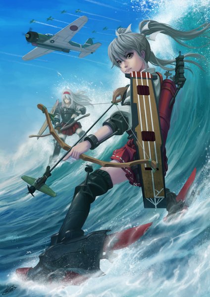 Anime picture 900x1273 with kantai collection shoukaku aircraft carrier zuikaku aircraft carrier okita long hair tall image twintails multiple girls yellow eyes looking away sky wind grey hair fighting stance surfing girl thighhighs skirt weapon 2 girls