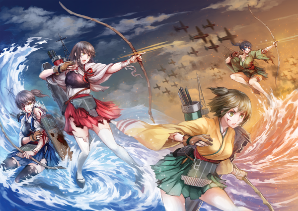 Anime-Bild 2480x1754 mit kantai collection kaga aircraft carrier akagi aircraft carrier souryuu aircraft carrier hiryuu aircraft carrier haimerejzero long hair highres short hair blue eyes black hair twintails multiple girls brown eyes yellow eyes looking away ponytail traditional clothes japanese clothes tears