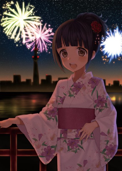 Anime picture 572x800 with original midorikawa you single tall image blush fringe short hair open mouth black hair brown eyes looking away ponytail traditional clothes japanese clothes night floral print river fireworks girl hair ornament