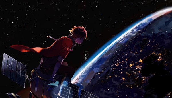 Anime picture 3507x2000 with nico nico singer touyu (nico nico singer) karasu btk single highres short hair wide image sitting red hair from behind leaning leaning forward boy star (stars) planet earth satellite