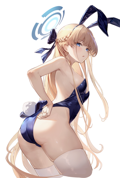 Anime picture 3500x5213 with blue archive toki (blue archive) toki (bunny) (blue archive) dampi single long hair tall image looking at viewer blush fringe highres breasts open mouth blue eyes light erotic simple background blonde hair standing white background animal ears