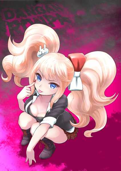 Anime picture 1000x1414 with dangan ronpa enoshima junko rin2008 long hair tall image breasts blue eyes light erotic blonde hair sitting twintails full body pink background :p girl skirt hair ornament bow hair bow boots