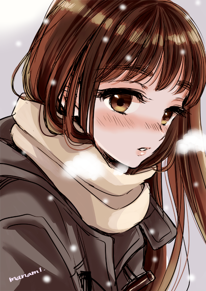 Anime picture 636x900 with original sugano manami single long hair tall image blush brown hair brown eyes signed upper body parted lips snowing winter exhalation girl scarf coat