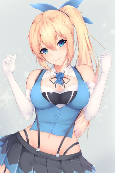 Anime picture 1308x1952 with virtual youtuber mirai akari project mirai akari ranju aira single long hair tall image looking at viewer blush fringe breasts blue eyes light erotic blonde hair simple background smile hair between eyes large breasts standing bare shoulders