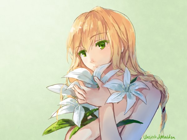 Anime picture 1600x1200 with the witch's house viola (the witch's house) untitiled single long hair fringe blonde hair holding green eyes signed braid (braids) flower (flowers) lily (flower)